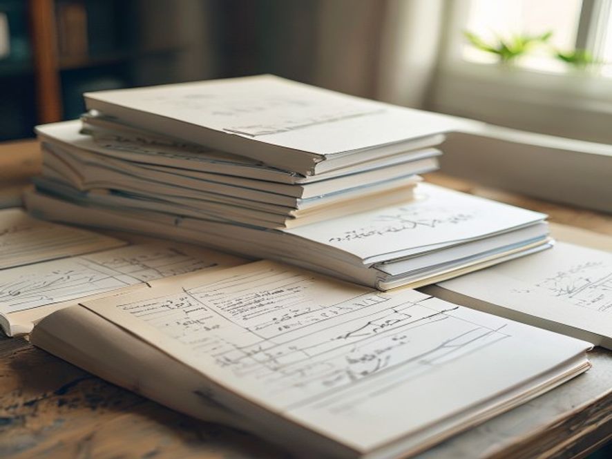 Stapels notitieblokken met handgeschreven aantekeningen en grafieken
